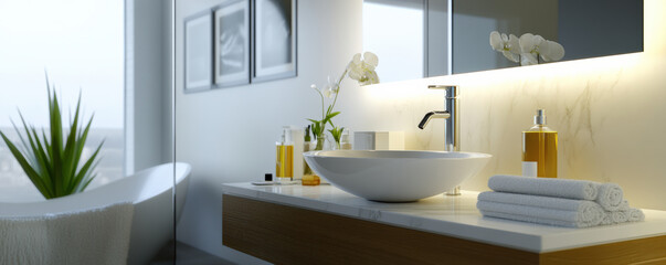Elegant modern bathroom featuring white sink, wooden vanity, and stylish decor. serene atmosphere is enhanced by natural light and decorative plants