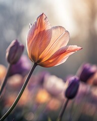 A soft-focus image of a peach-tinted tulip basking in warm sunlight, surrounded by a field of purple tulips. This serene floral scene captures the essence of spring and nature's beauty.
