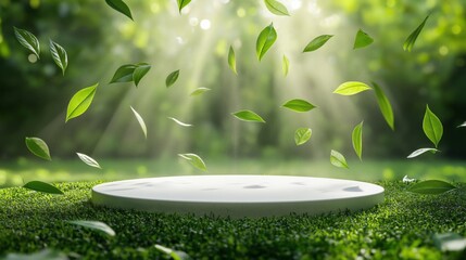 A white circular podium surrounded by green tea leaves floating in the air, with light and shadow effects on a grassland background, a green-toned background, product photography