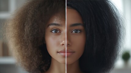 Transformation showcasing natural and styled hair in a beauty setting