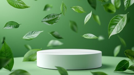 Floating green leaves above a minimalist white platform in a serene environment