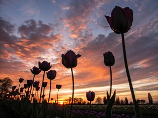 A dramatic view of blooming tulips outlined against a vivid sunset. The deep purple flowers create a beautiful contrast with the fiery sky, celebrating the essence of spring.