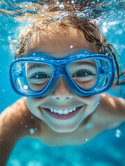 Naklejka premium Kid enjoying swimming with goggles in clear water