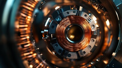 Close-up view of a metallic coil with copper wiring inside a futuristic machine, showcasing intricate details