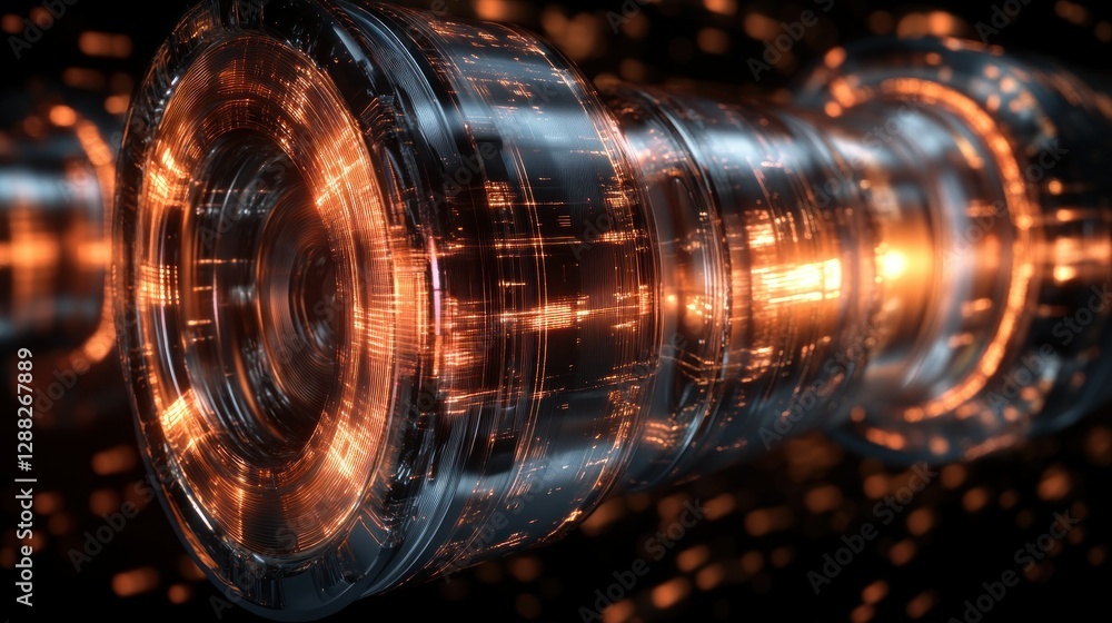 Poster futuristic glowing cylinder with intricate patterns, surrounded by shimmering particles in a dark sp