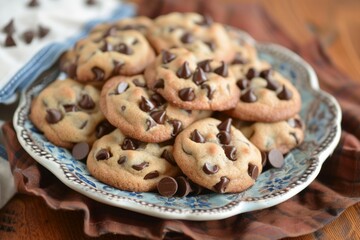 Stack of chocolate chip cookies on marble table. Neural network AI generated