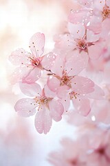 Naklejka premium Stunning cherry blossoms adorned with dew, symbolizing beauty and the fleeting nature of life in springtime.