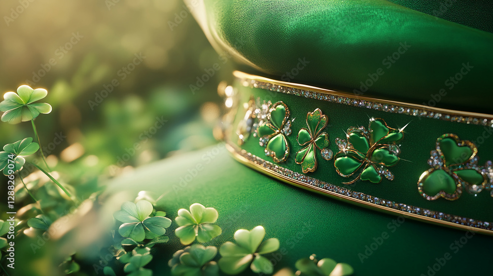 Poster close-up of a st. patrick's day hat with a shiny gold belt featuring a four-leaf clover design surro