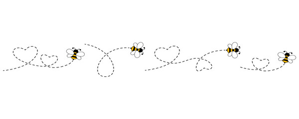 Cartoon bee icon set. Bee flying on a dotted route isolated on the white background. Vector illustration.