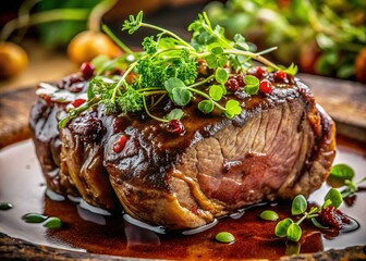 Delicious Grilled Deer Neck with Savory Sauce and Fresh Microgreens
