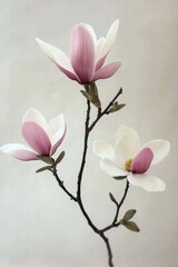 A beautiful arrangement of pink magnolias, artistically capturing their delicate features and soft tones against a neutral backdrop.