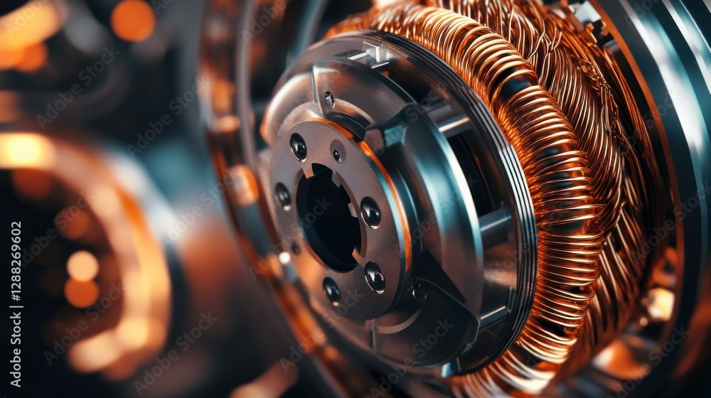 Poster close-up of a metallic motor component showcasing intricate wiring and mechanical design