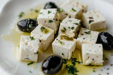 Marinated feta with olives on plate. Neural network AI generated