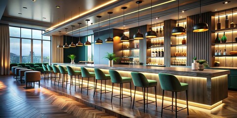 Empty Hotel Cafe Bar with Long Counter - Modern Interior Design Stock Photo