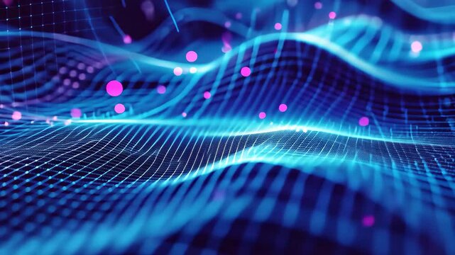 Abstract digital background featuring flowing binary code waves, showcasing vibrant blue and pink colors, designed for technology and data visualization themes in a contemporary digital aesthetic