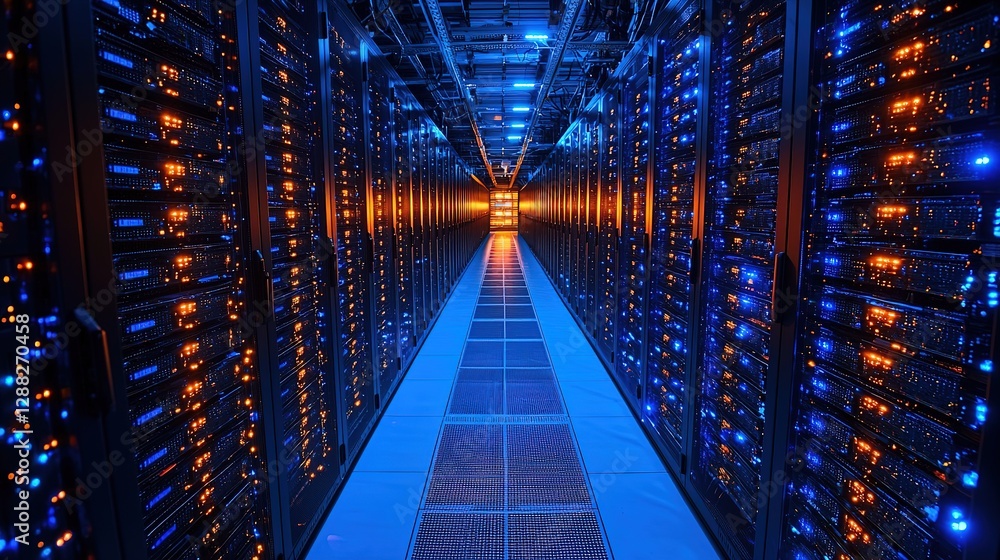 Poster information traveling through the data center storage in blue and orange colors. cloud computer syst