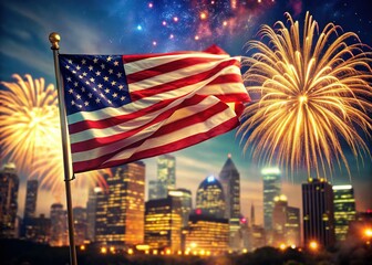 Fireworks Celebration: American Flag, Happy 4th of July