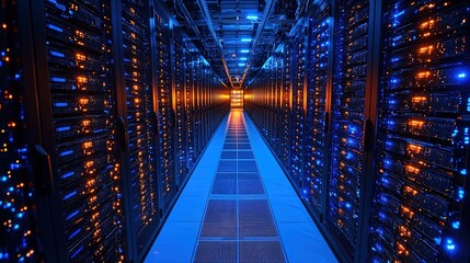Information traveling through the data center storage in blue and orange colors. Cloud computer system database infrastructure room, cybersecurity hosting and support, black connection racks 8k image