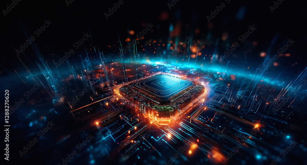 Poster a glowing square element with orange and blue lights, resembling a futuristic technological core. st