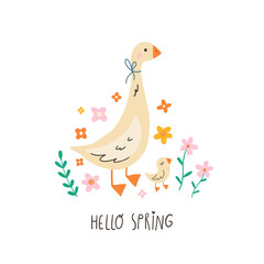 Spring cartoon print with cute goose, gosling, flowers and lettering Hello Spring. Happy Easter print in flat style. Isolated on white background. Good for posters, t shirts, postcards.