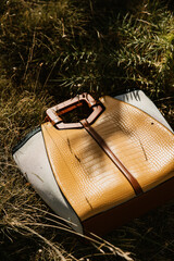 close up view of beautiful woman bag in a field 