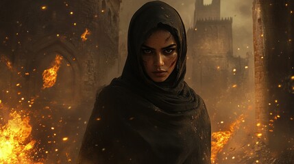 A fierce young woman in a dark hood stands amidst a fiery battlefield, exuding strength and determination