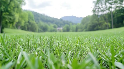 Fototapeta premium Lush green grass, mountain view, summer day, idyllic landscape, nature background