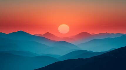 Fototapeta premium Mountain sunset vista, vibrant colors, serene scene, inspiring background. Possible use Desktop wallpaper, greeting card, phone background