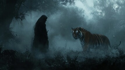 Mysterious Encounter Between a Shadowy Figure and a Striped Tiger in a Foggy Forest