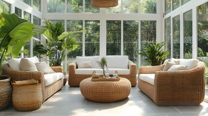 A bright and airy sunroom with wicker furniture tropical plants and large glass walls.