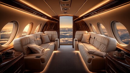 Luxury Private Jet Interior Cloudscape View Business Class Air Travel Design