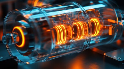 Close-up of a glowing, futuristic glass tube with orange filaments, showcasing intricate technology