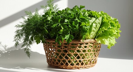 Fototapeta premium Wicker basket with fresh herbs (parsley, dill and lettuce) on white background