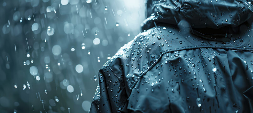 waterproof water resistant raincoat close up, concept of rainwear equipment water repellent clothing fashion textile. background banner with copy space