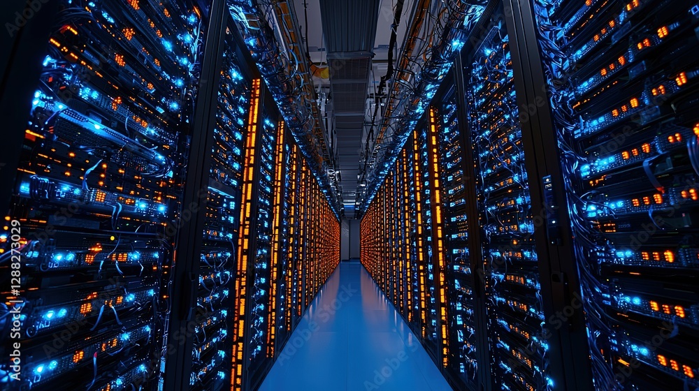 Poster information traveling through the data center storage in blue and orange colors. cloud computer syst