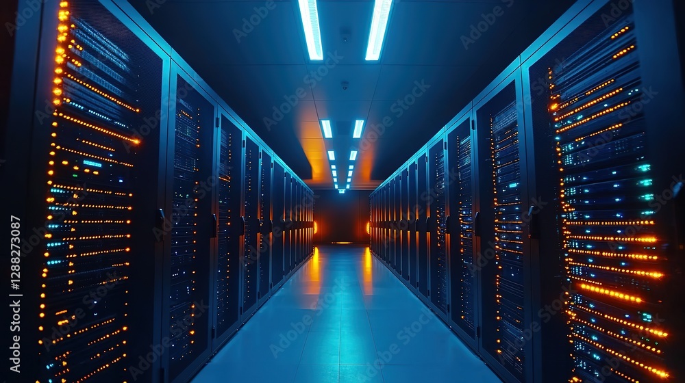 Poster information traveling through the data center storage in blue and orange colors. cloud computer syst