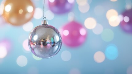 Silver Christmas ornament hanging, pastel background, festive bokeh