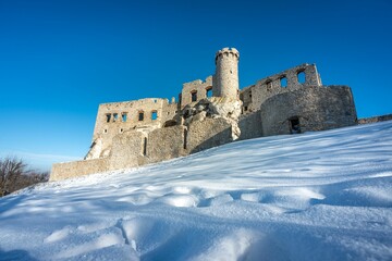 Medieval Castle Ruin on Snowy Hill