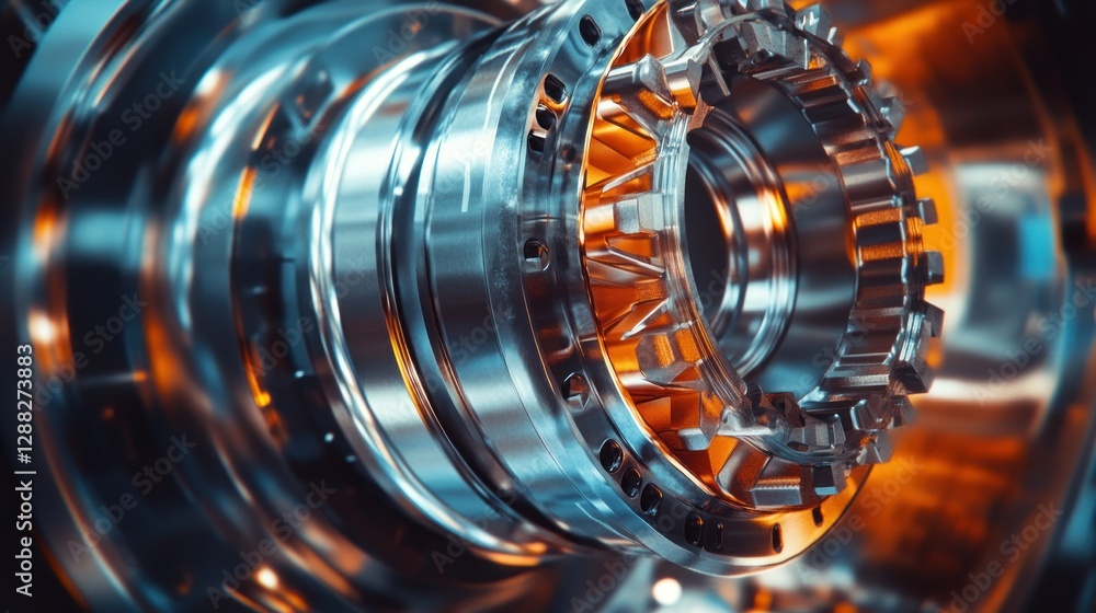 Poster close-up view of intricate metallic engine components illuminated by ambient lighting
