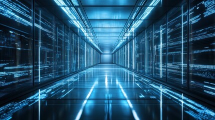 Obraz premium Futuristic server room with glowing data streams on walls and floor.