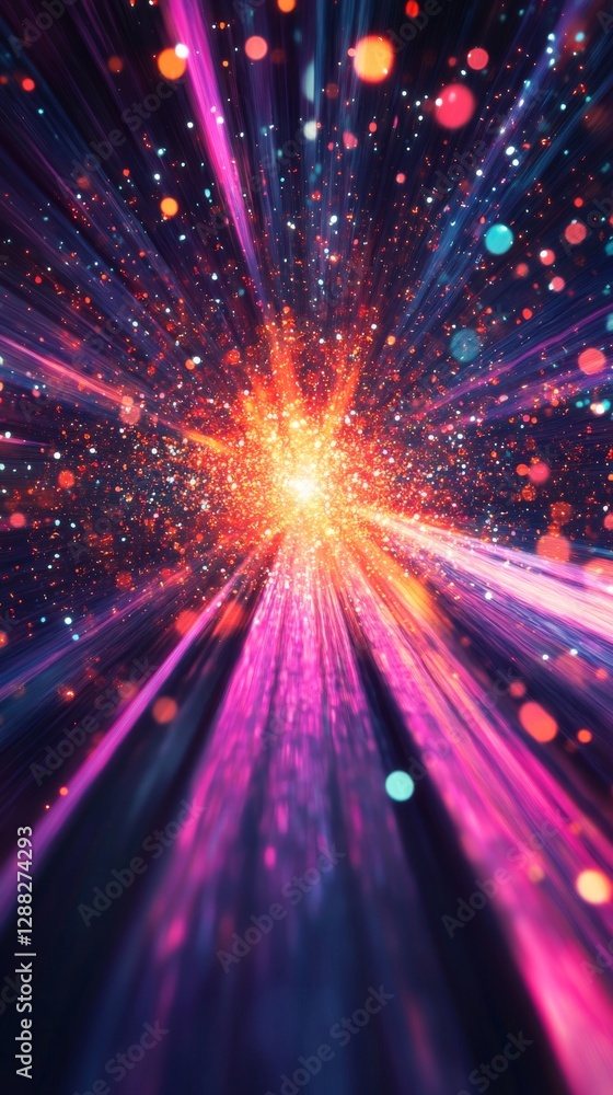Poster vibrant explosion of colors with dynamic light streaks and cosmic particles, abstract energy and ill