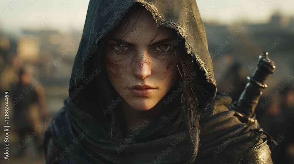 Poster intense portrait of a hooded character with a fierce expression in a bustling medieval setting