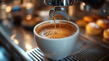 Coffee machine pouring espresso into cup, freshly brewed beverage
