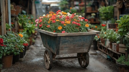  rustic wheelbarrow in a lush garden, filled with flowers and soil, creating an earthy and charming vibe
