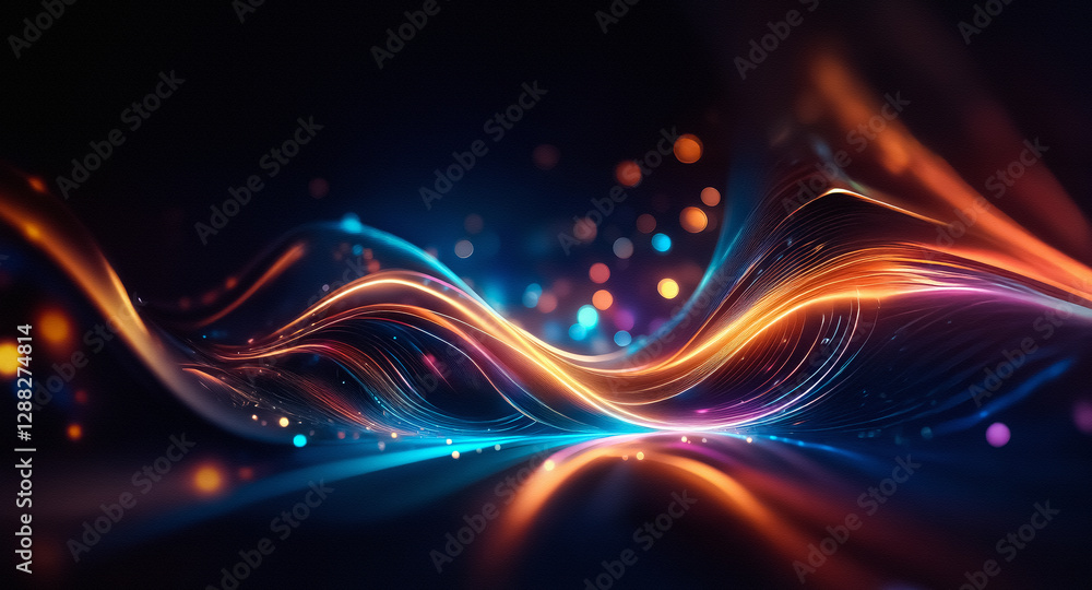 Fototapete abstract flowing light trails in vibrant hues of orange, blue, and purple on a dark backdrop. bokeh 