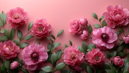 Beautiful Pink Flowers with Green Leaves Against a Soft Pink Background

