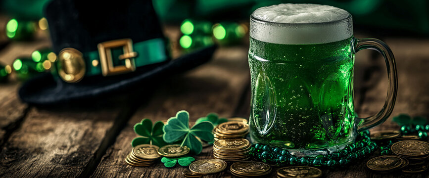 Green beer in a mug surrounded by clovers, gold coins, and a leprechaun hat, symbolizing St. Patrick's Day celebrations with festive decorations and drinks.