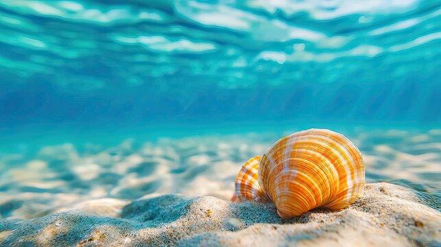 Ocean acidification concept. A vibrant sea shell resting on the sandy ocean floor in clear blue water.