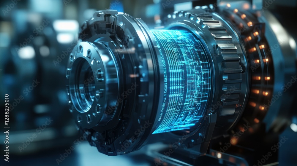 Poster Close-up of a futuristic engine component with glowing elements in a high-tech workshop setting