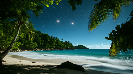An enchanting view of the Southern Cross constellation above a tropical beach.